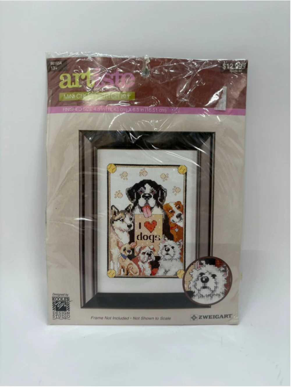 Artiste Mini Cross Stitch Kit I Love Dogs Beige Brown